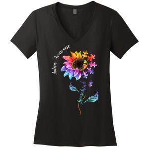 Autism Awareness Rainbow Sunflower Women's V-Neck T-Shirt