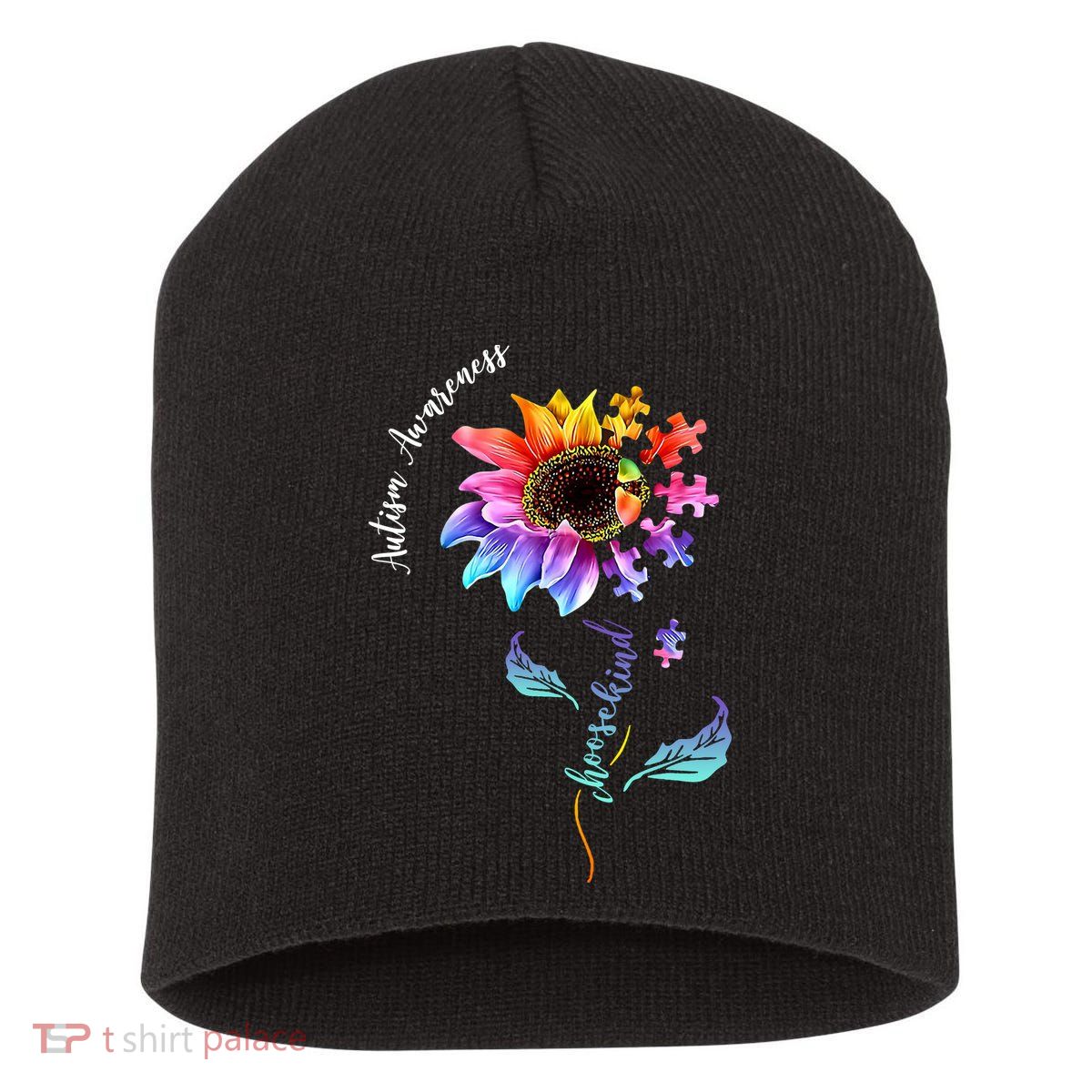 Autism Awareness Rainbow Sunflower Short Acrylic Beanie