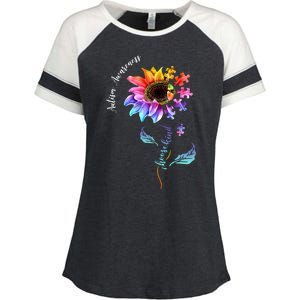 Autism Awareness Rainbow Sunflower Enza Ladies Jersey Colorblock Tee