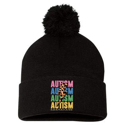 Autism Awareness Retro Cheetah Pom Pom 12in Knit Beanie