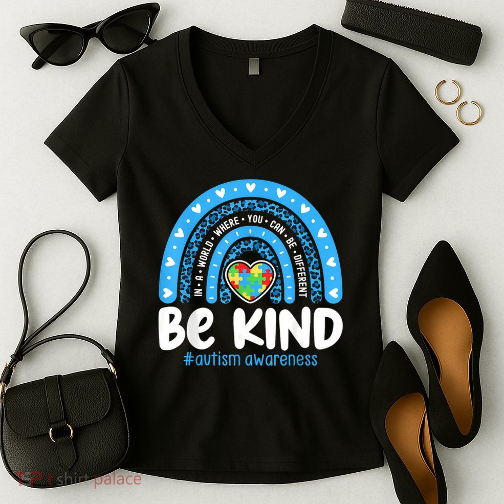 Autism Awareness Rainbow In April We Wear Blue Ribbon Autism Women's V-Neck T-Shirt