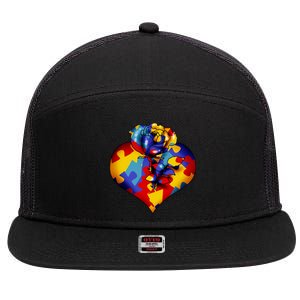 Autism Awareness Rose Heart 7 Panel Mesh Trucker Snapback Hat