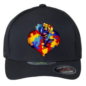 Autism Awareness Rose Heart Flexfit Unipanel Trucker Cap