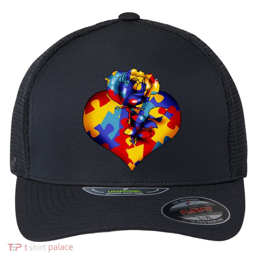 Autism Awareness Rose Heart Flexfit Unipanel Trucker Cap