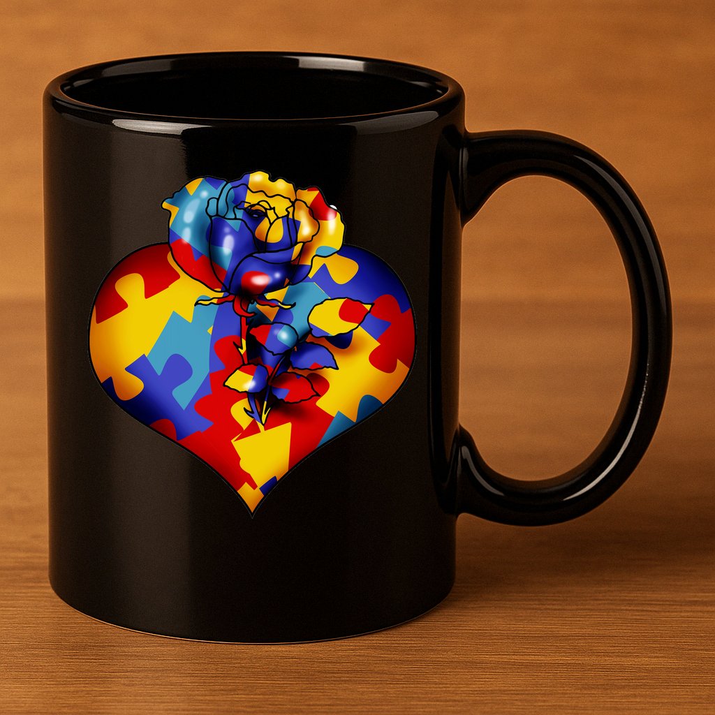Autism Awareness Rose Heart 11oz C Handle Ceramic Mug