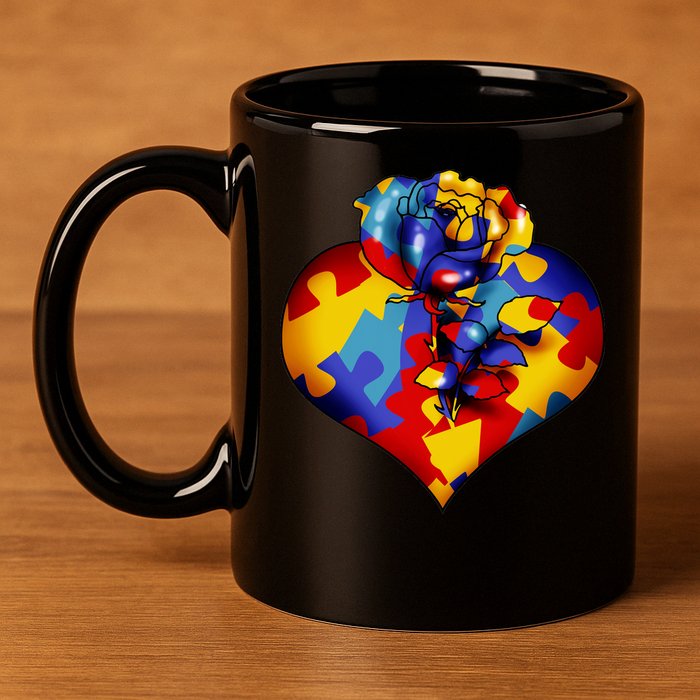 Autism Awareness Rose Heart 11oz C Handle Ceramic Mug
