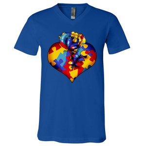 Autism Awareness Rose Heart V-Neck T-Shirt