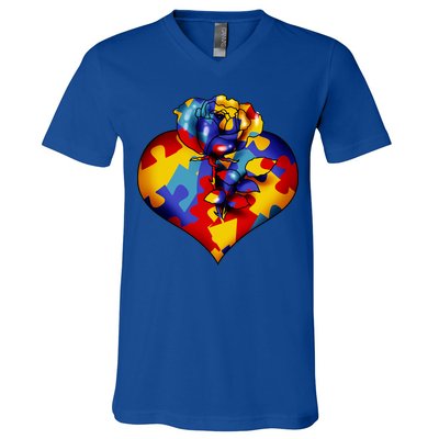 Autism Awareness Rose Heart V-Neck T-Shirt