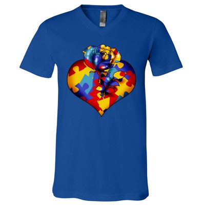 Autism Awareness Rose Heart V-Neck T-Shirt