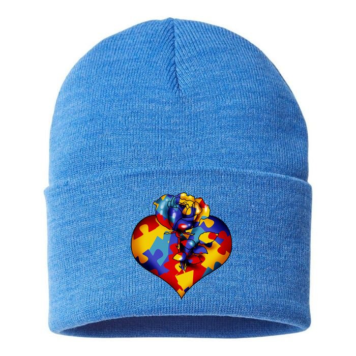 Autism Awareness Rose Heart Sustainable Knit Beanie