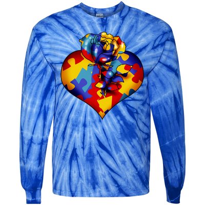 Autism Awareness Rose Heart Tie-Dye Long Sleeve Shirt