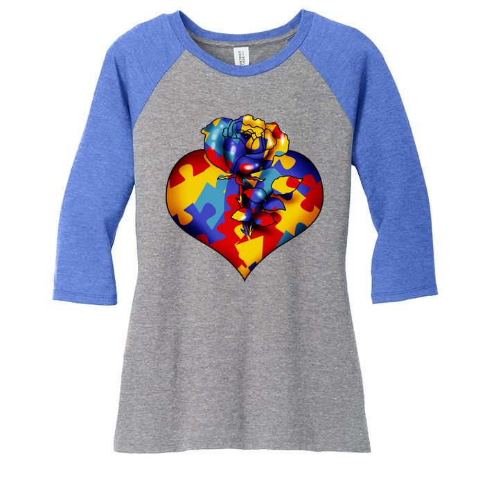 Autism Awareness Rose Heart Women's Tri-Blend 3/4-Sleeve Raglan Shirt