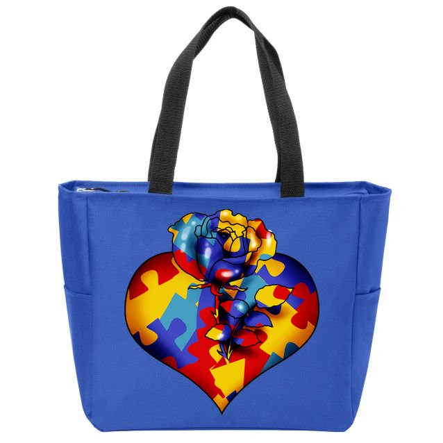 Autism Awareness Rose Heart Zip Tote Bag