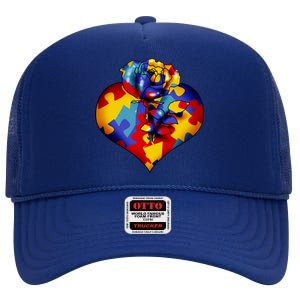 Autism Awareness Rose Heart High Crown Mesh Back Trucker Hat