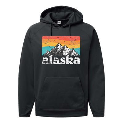 Alaska AK Retro 70s 80s Mountains Nature Distressed Performance Fleece Hoodie