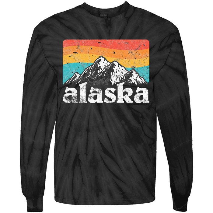 Alaska AK Retro 70s 80s Mountains Nature Distressed Tie-Dye Long Sleeve Shirt