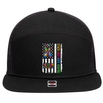 Autism Awareness Ribbon Mom Dad American Flag Autism 7 Panel Mesh Trucker Snapback Hat