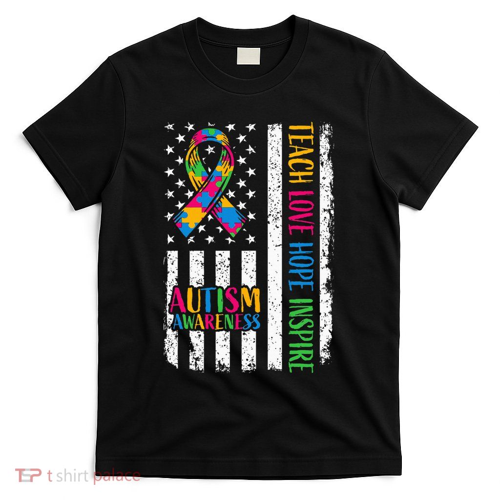 Autism Awareness Ribbon Mom Dad American Flag Autism T-Shirt
