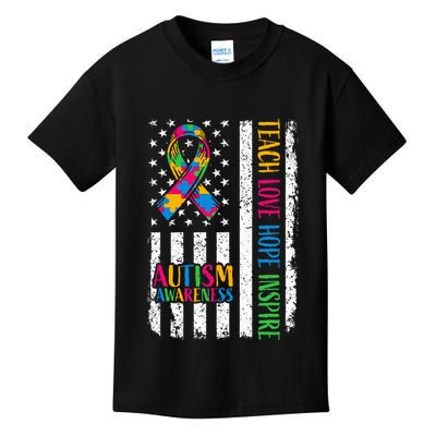 Autism Awareness Ribbon Mom Dad American Flag Autism Kids T-Shirt