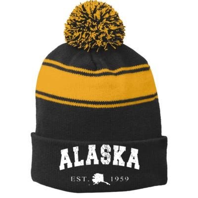 Alaskas Ak Retro Vintage Stripe Pom Pom Beanie