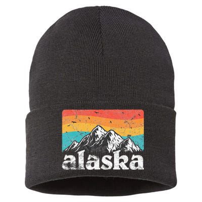 Alaska AK Retro 70s 80s Mountains Nature Distressed Sustainable Knit Beanie