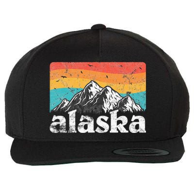 Alaska AK Retro 70s 80s Mountains Nature Distressed Wool Snapback Cap