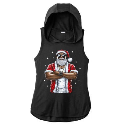 African American Santa Christmas Pajama  Ladies PosiCharge Tri-Blend Wicking Draft Hoodie Tank