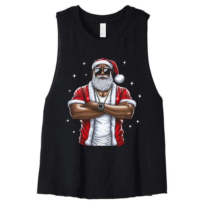 African American Santa Christmas Pajama  Women's Racerback Cropped Tank