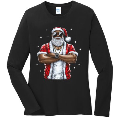 African American Santa Christmas Pajama  Ladies Long Sleeve Shirt