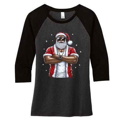 African American Santa Christmas Pajama  Women's Tri-Blend 3/4-Sleeve Raglan Shirt