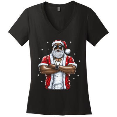 African American Santa Christmas Pajama  Women's V-Neck T-Shirt