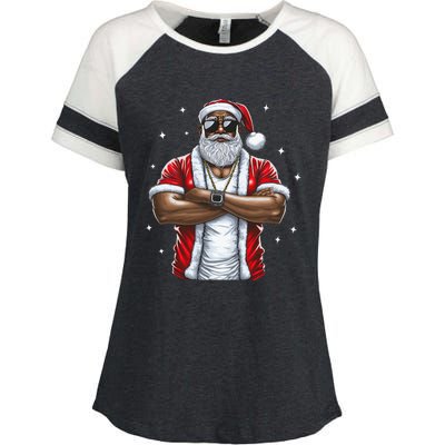 African American Santa Christmas Pajama  Enza Ladies Jersey Colorblock Tee