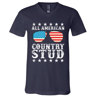 All American Stud Boy Country 4th of July USA Flag Gift V-Neck T-Shirt