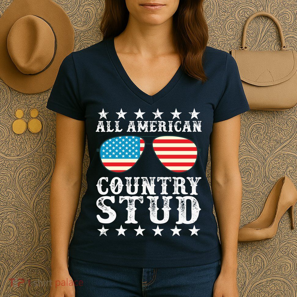 All American Stud Boy Country 4th of July USA Flag Gift Women's V-Neck T-Shirt