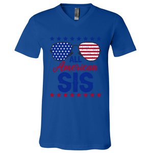 All American Sis 4th Of July Usa Flag Sister Family Matching Funny Gift V-Neck T-Shirt