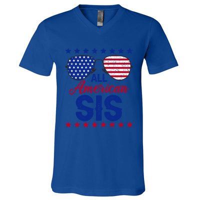 All American Sis 4th Of July Usa Flag Sister Family Matching Funny Gift V-Neck T-Shirt