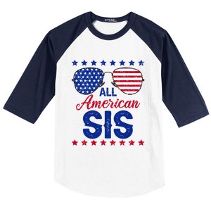 All American Sis 4th Of July Usa Flag Sister Family Matching Funny Gift Baseball Sleeve Shirt