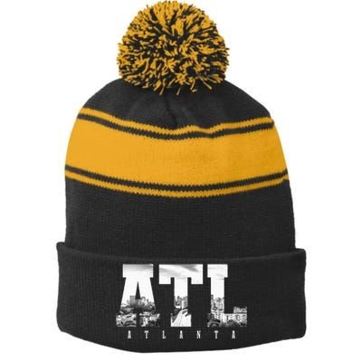 ATL Atlanta Skyline Pride Black & White Vintage Georgia Stripe Pom Pom Beanie