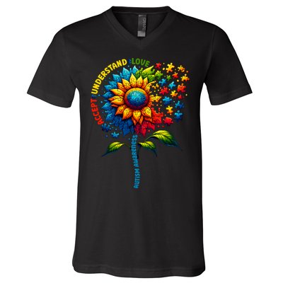 Autism Awareness Sunflower Autism Sunflower V-Neck T-Shirt
