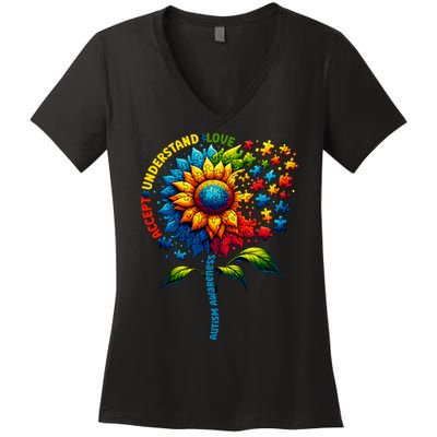 Autism Awareness Sunflower Autism Sunflower Women's V-Neck T-Shirt