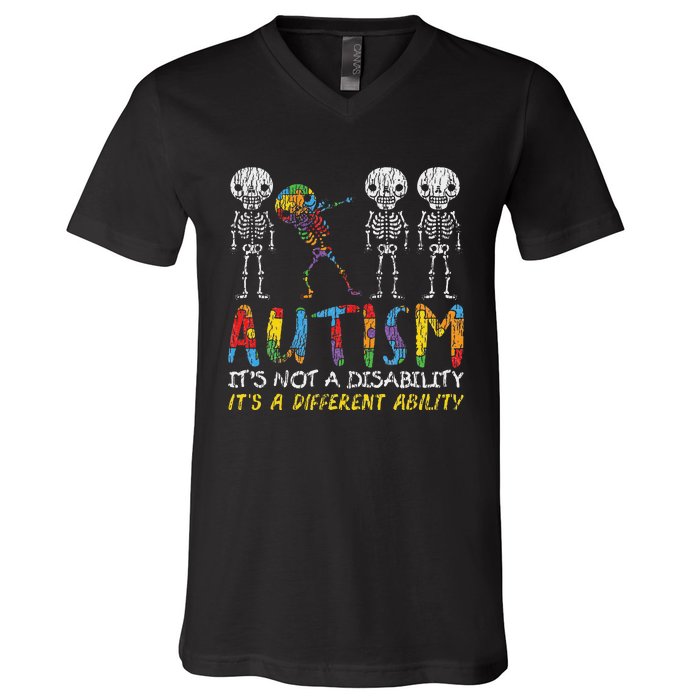 Autism Awerness Skeleton Dabbing Autistic Awareness V-Neck T-Shirt