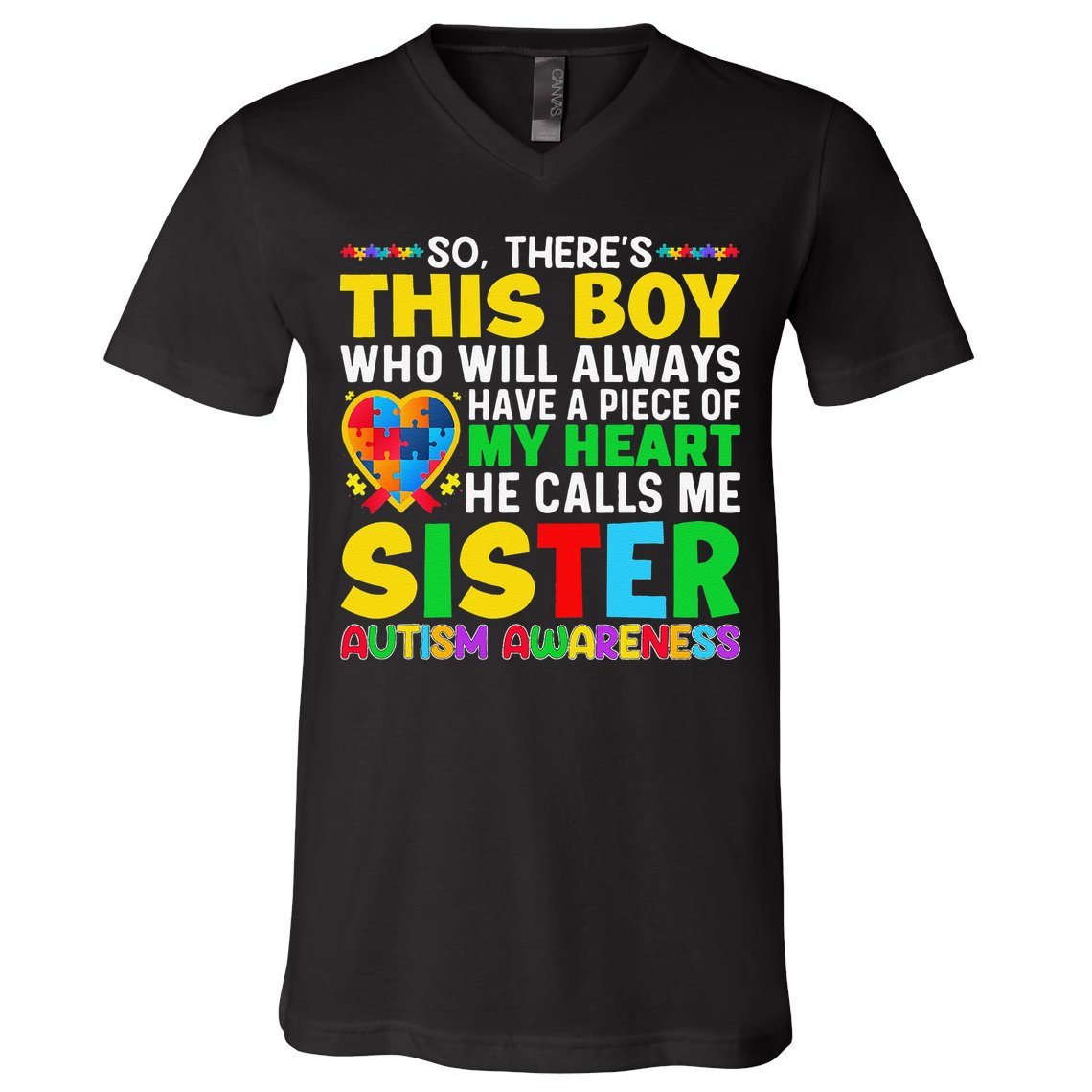 Autism Awareness Support Autistic Brother By Sister V-Neck T-Shirt