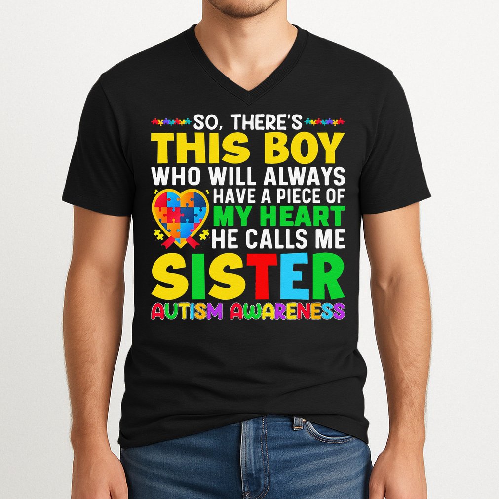 Autism Awareness Support Autistic Brother By Sister V-Neck T-Shirt