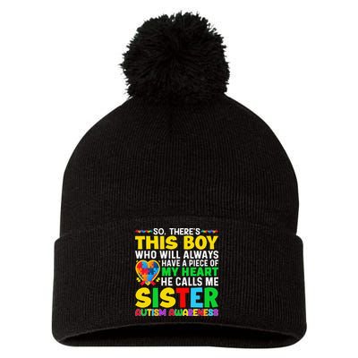 Autism Awareness Support Autistic Brother By Sister Pom Pom 12in Knit Beanie