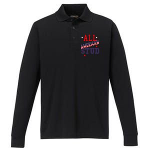 All American Stud Funny Stars Stripes Cool Independence Usa Funny Gift Performance Long Sleeve Polo