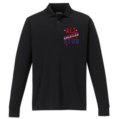 All American Stud Funny Stars Stripes Cool Independence Usa Funny Gift Performance Long Sleeve Polo