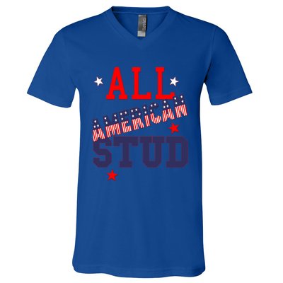 All American Stud Funny Stars Stripes Cool Independence Usa Funny Gift V-Neck T-Shirt