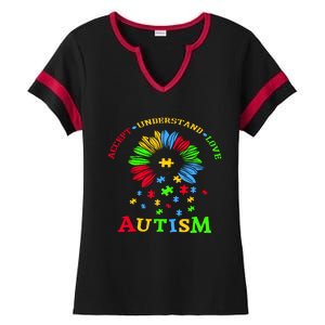 Autism Awareness Sunflower Puzzle Accept Understand Love Ladies Halftime Notch Neck Tee