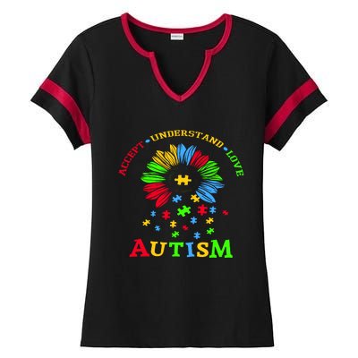 Autism Awareness Sunflower Puzzle Accept Understand Love Ladies Halftime Notch Neck Tee