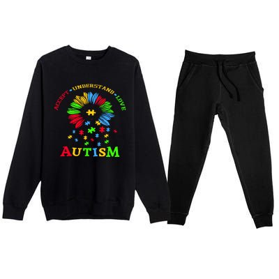 Autism Awareness Sunflower Puzzle Accept Understand Love Premium Crewneck Sweatsuit Set